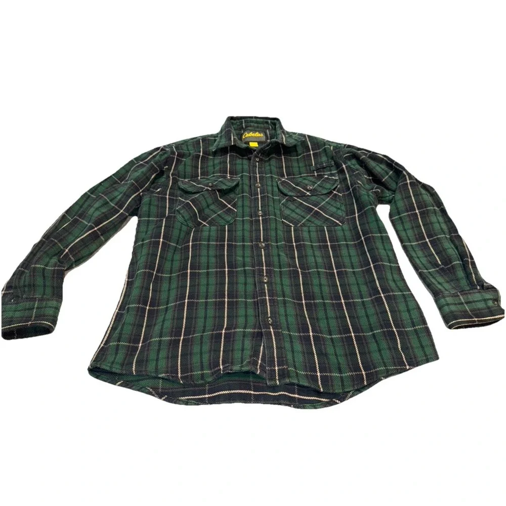 Cabelas Fleece Heavy Plaid Button Down Shirt Men Sz Large Green Black Pen Holder